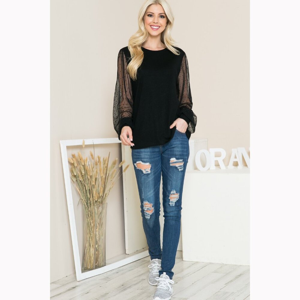 NEW Mesh Polka Dot Long Sleeve Top, Puff Sleeves, Stretch Fabric Knit Blouse - Picture 3 of 5